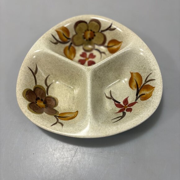 Radford Divided Ceramic Serving Dish 1970s Earth Tone Flowers Handpainted CHIP - Picture 3 of 8